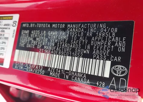 2009 Toyota Matrix S z USA, uszkodzony, nr VIN 2T1KE40E89C011652